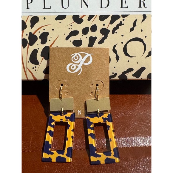 Plunder Design Jewelry - Plunder Design Navy Mustard Yellow Animal Print Acrylic Rectangle Drop Earrings